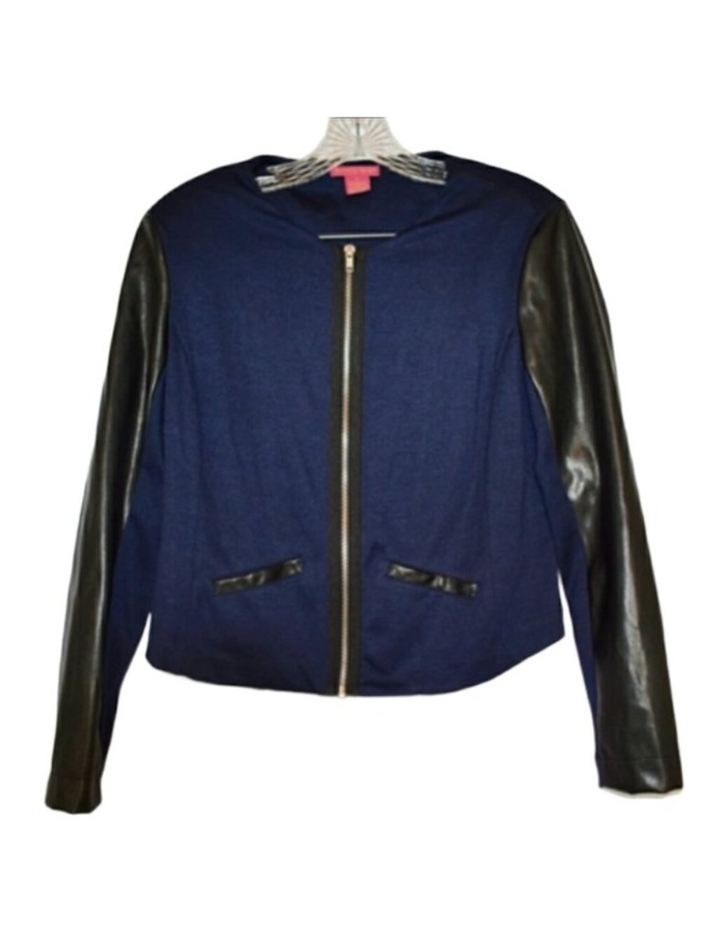 Women's Sunny Leigh Blue  faux leather sleeves Baseball Jacket  M